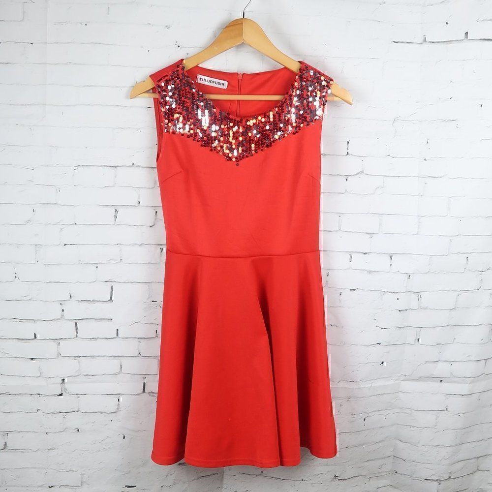 YULUOFUSHI RED SLEEVELESS ROUND NECK FIT & FLARE DRESS WITH SEQUIN DETAIL SIZE L